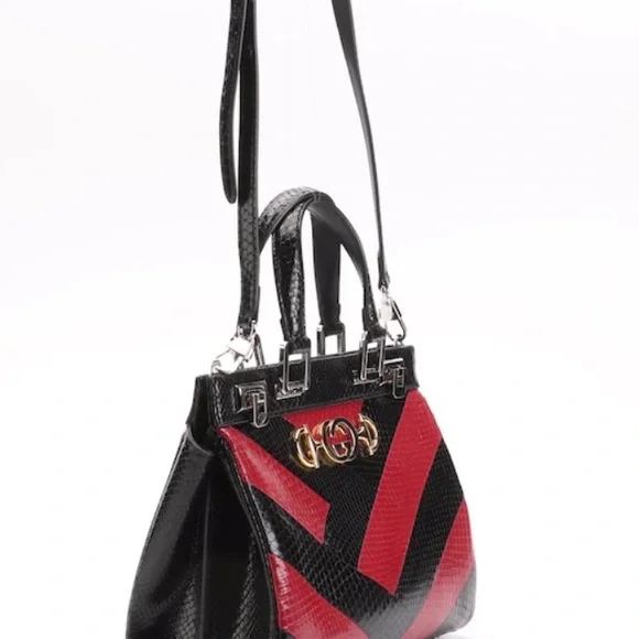 Gucci Zumi Crossbody Top Handle Python Bag- all leather interior in red black - Picture 7 of 16
